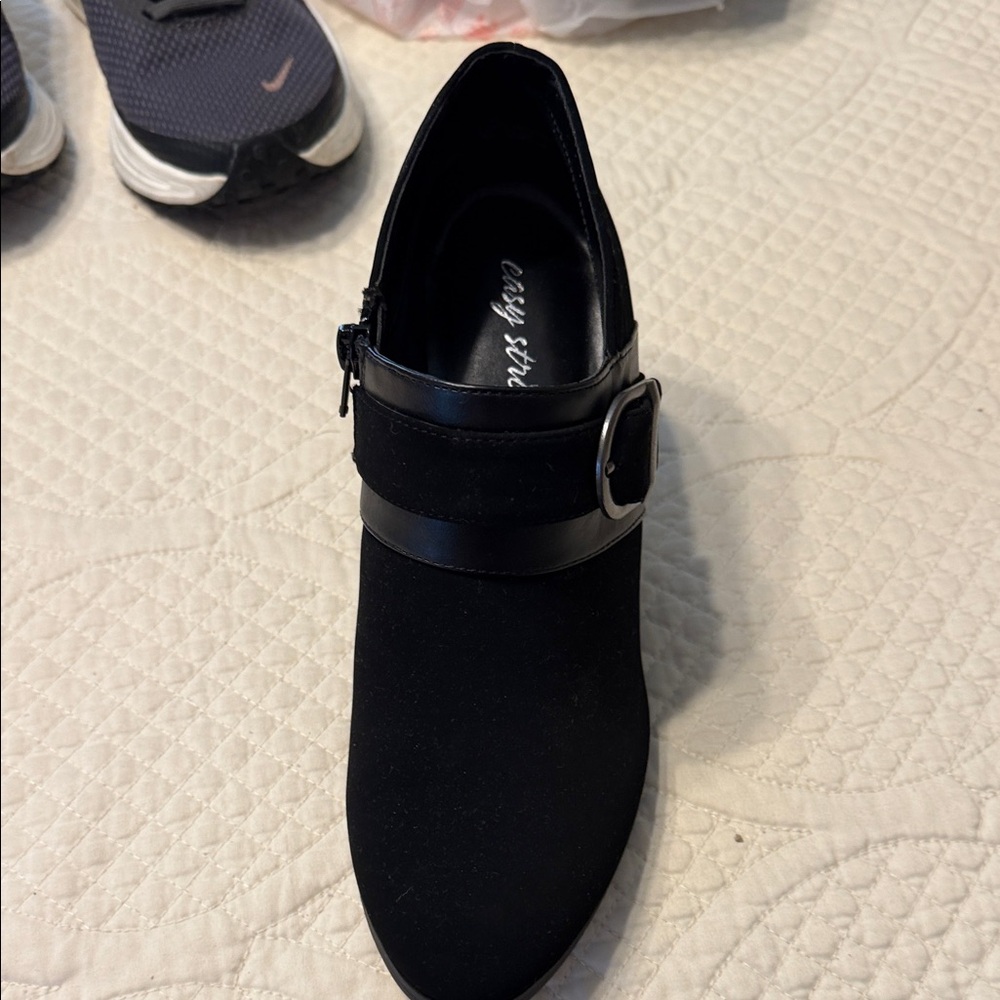 easy street Black Suede Buckle Strap Heeled Ankle Boot